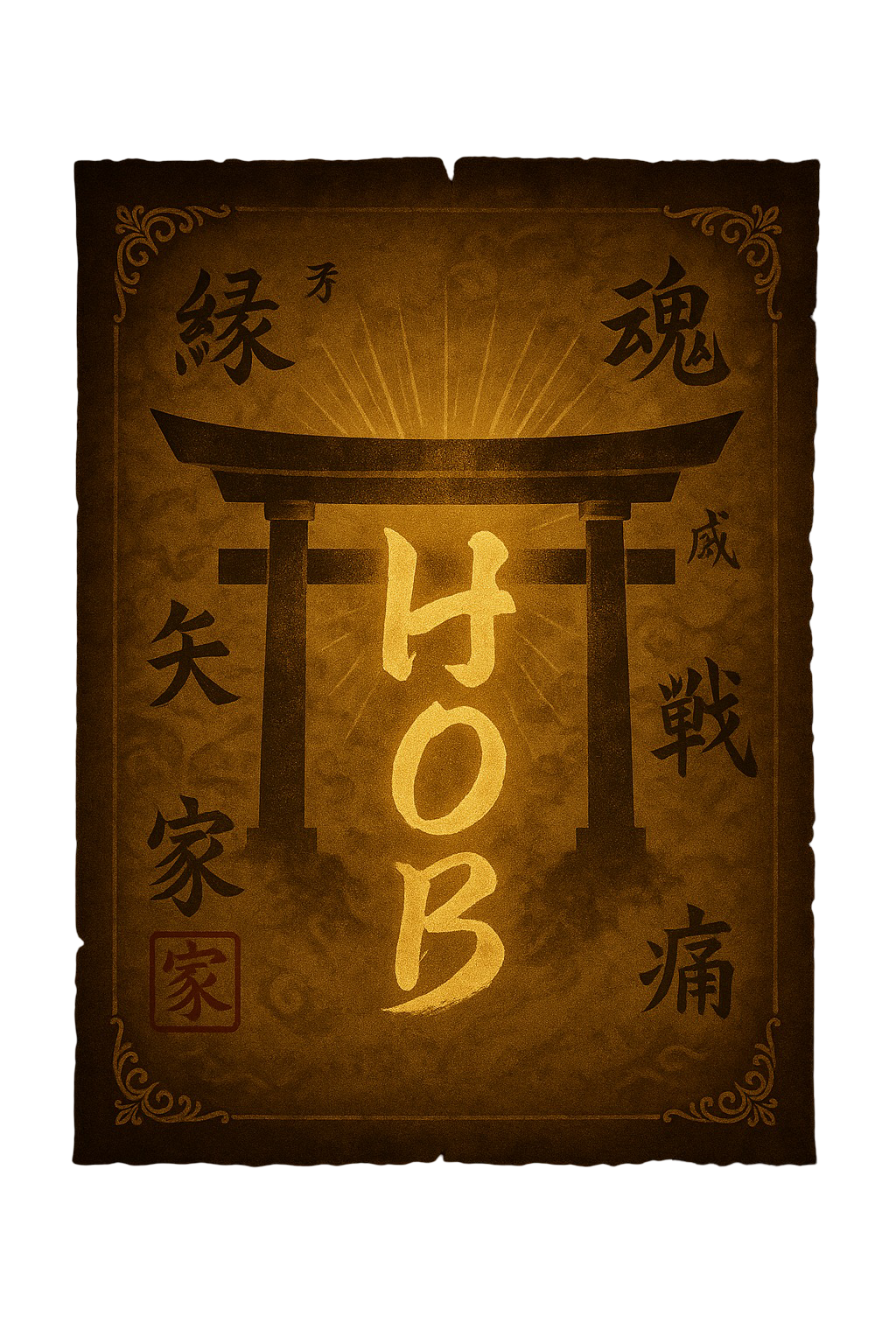 House of Blade parchment: glowing torii gate with kanji
